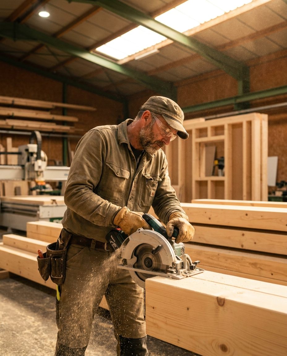 Franz Krause sägt mit der Handkreissäge einen Holzbalken in der Werkstatt